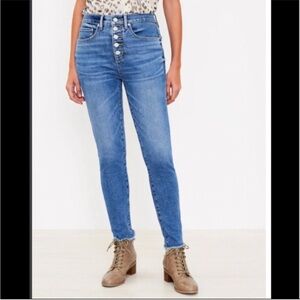 Loft Button Fly High Rise Curvy Skinny Raw Hem Jeans 8/29 Med Wash